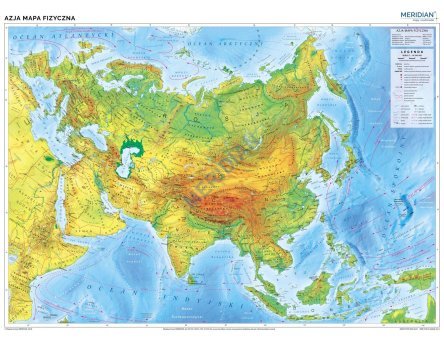 Ścienna, fizyczna mapa szkolna przedstawiająca ukształtowanie powierzchni Azji.