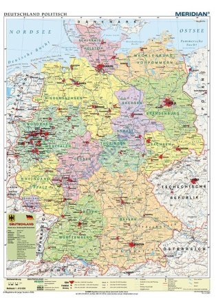 Ścienna mapa szkolna przedstawiająca podział administracyjny Niemiec.