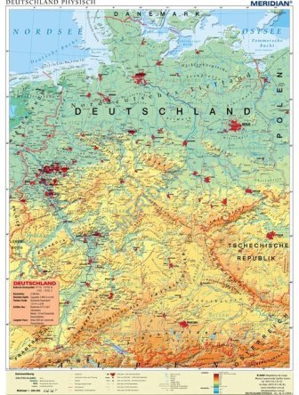 Ścienna mapa szkolna przedstawiająca ukształtowanie terenu Niemiec.
