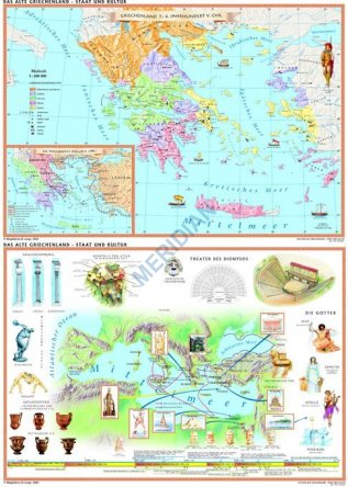 Dwustronna ścienna mapa szkolna przedstawiająca starożytną Grecję - państwo i kulturę