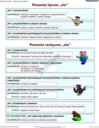 Ścienna plansza szkolna do języka polskiego przedstawiająca zasady pisowni łącznej i rozłącznej z cząstką „nie”.
