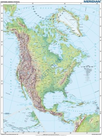 Ścienna, fizyczna mapa szkolna przedstawiająca ukształtowanie powierzchni Ameryki Północnej. Mapa w języku angielskim.