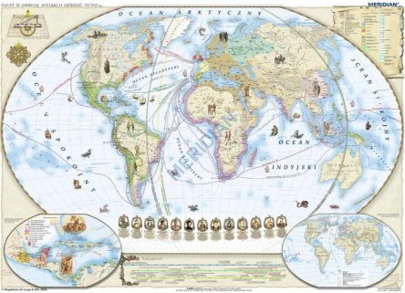 Mapa ścienna przedstawiająca świat w okresie wielkich odkryć geograficznych w XV-XVI w.