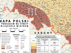 Ścienna mapa podziału Polski na strefy obciążenia wiatrem zgodnie z aneksem do polskiej normy PN-77/B-02011/Az1.