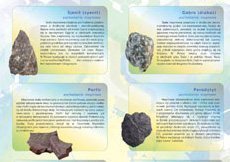 Ścienna plansza szkolna do geografii, przedstawiająca 21 typów skal i minerałów.