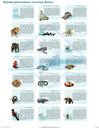 Ścienna plansza szkolna do biologii przedstawiająca 21 gatunków najniebezpieczniejszych zwierząt świata.