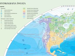 Ścienna mapa przedstawia najważniejsze zagadnienia dotyczące stosunków wodnych w obrębie wód powierzchniowych Ziemi