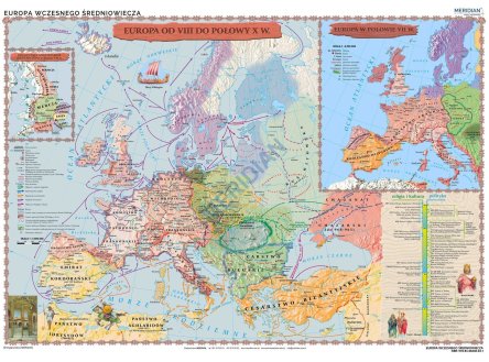 Mapa ścienna Europa wczesnego średniowiecza, dynastia Karolingów i państwa słowiańskie.