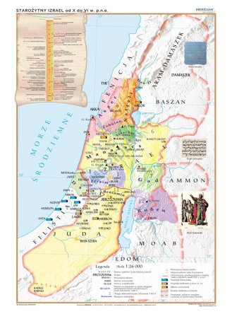 Mapa Starożytnego Izraela.
Rozkład terytorialny 12 plemion ustanowiony przez Salomona.