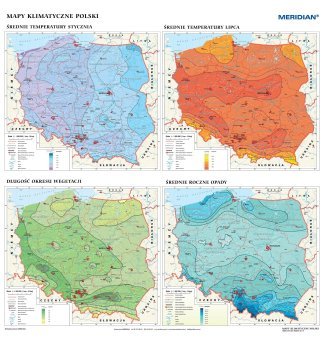 Zestaw map ściennych określających klimat Polski.