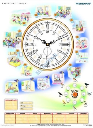 Ścienna plansza szkolna przedstawiająca kalendarz i zegar.