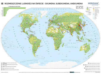 Świat rozmieszczenie ludności - ekumena, subekumena i anekumena - mapa ścienna 