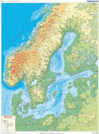 Ścienna, fizyczna mapa szkolna przedstawiająca ukształtowanie powierzchni basenu Morza Bałtyckiego. Mapa w języku angielskim. 
