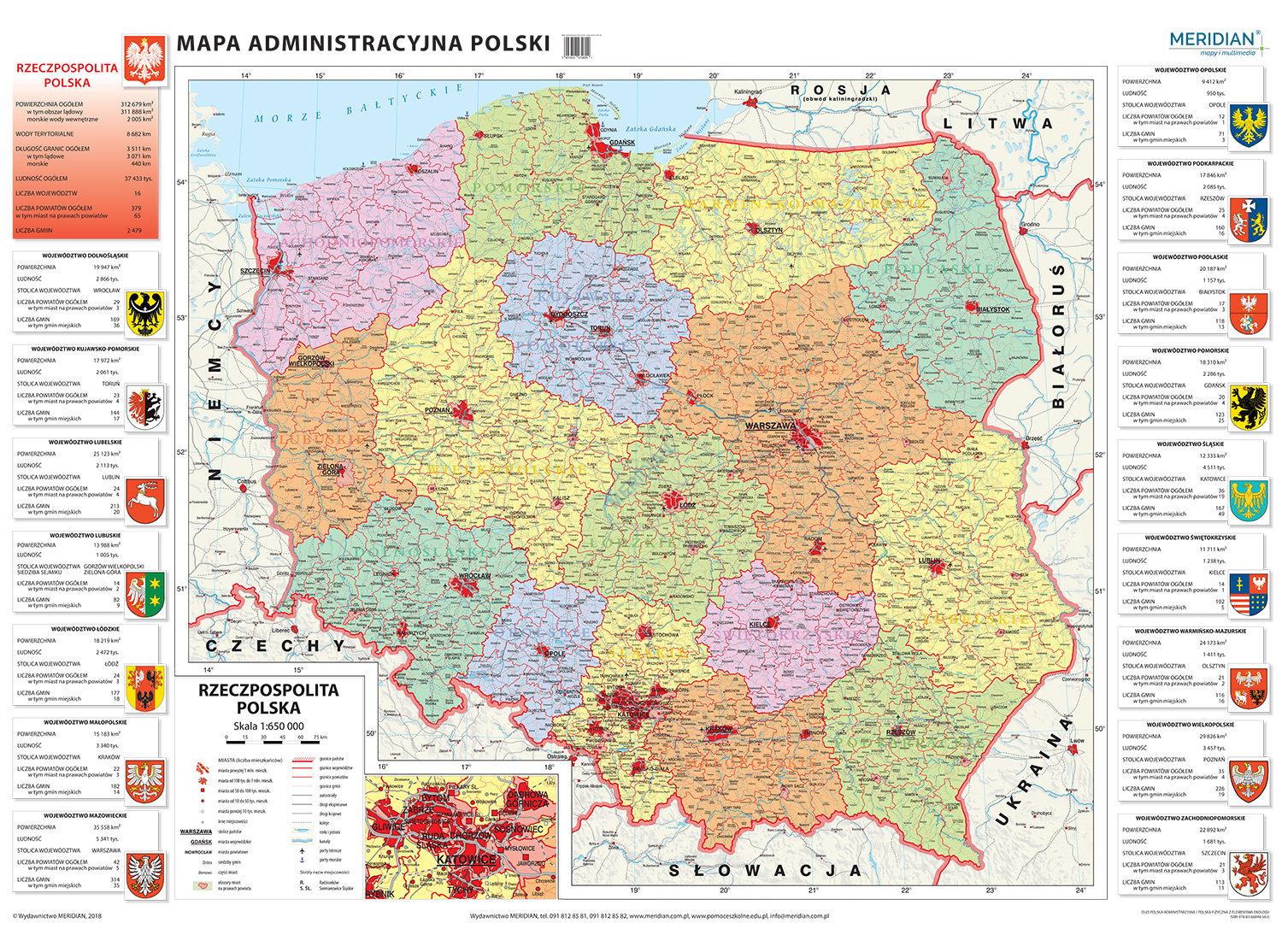Mapa administracyjna Polski (2018) mapa ścienna