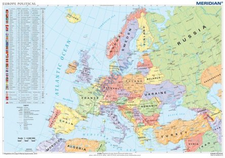 Ścienna mapa szkolna przedstawiająca najbardziej aktualny podział polityczny Europy.