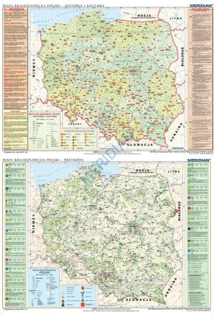 Dwustronna ścienna mapa szkolna przedstawiająca walory i bogactwo krajoznawcze Polski w ujęciu historyczno-kulturowym oraz przyrodniczym. 