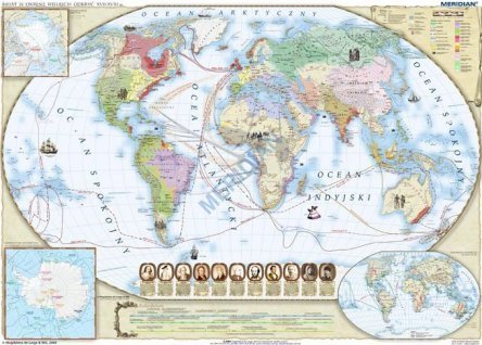 Mapa ścienna przedstawiająca świat w okresie wielkich odkryć geograficznych w XVII-XVIII w.