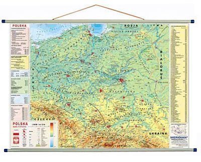 Ścienna mapa gabinetowa przedstawiająca ukształtowanie powierzchni Polski.